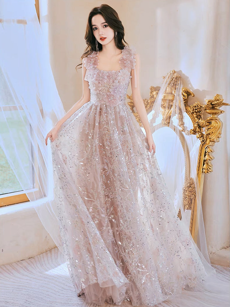 A-Line Tulle Lace Pink Long Prom Dress, Lace Pink Long Evening Dress shopluu A-Line Tulle Lace Pink Long Prom Dress, Lace Pink Long Evening Dress shopluu