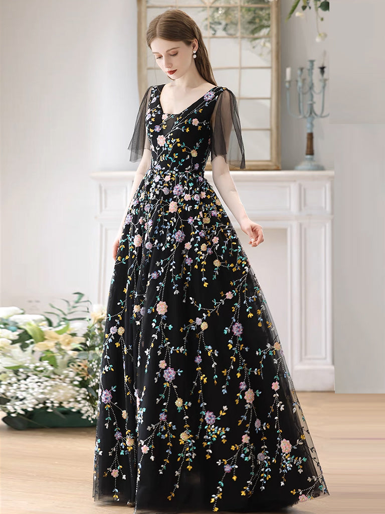 A-Line V Neck Tulle Lace Black Long Prom Dress, Black Long Evening Dress