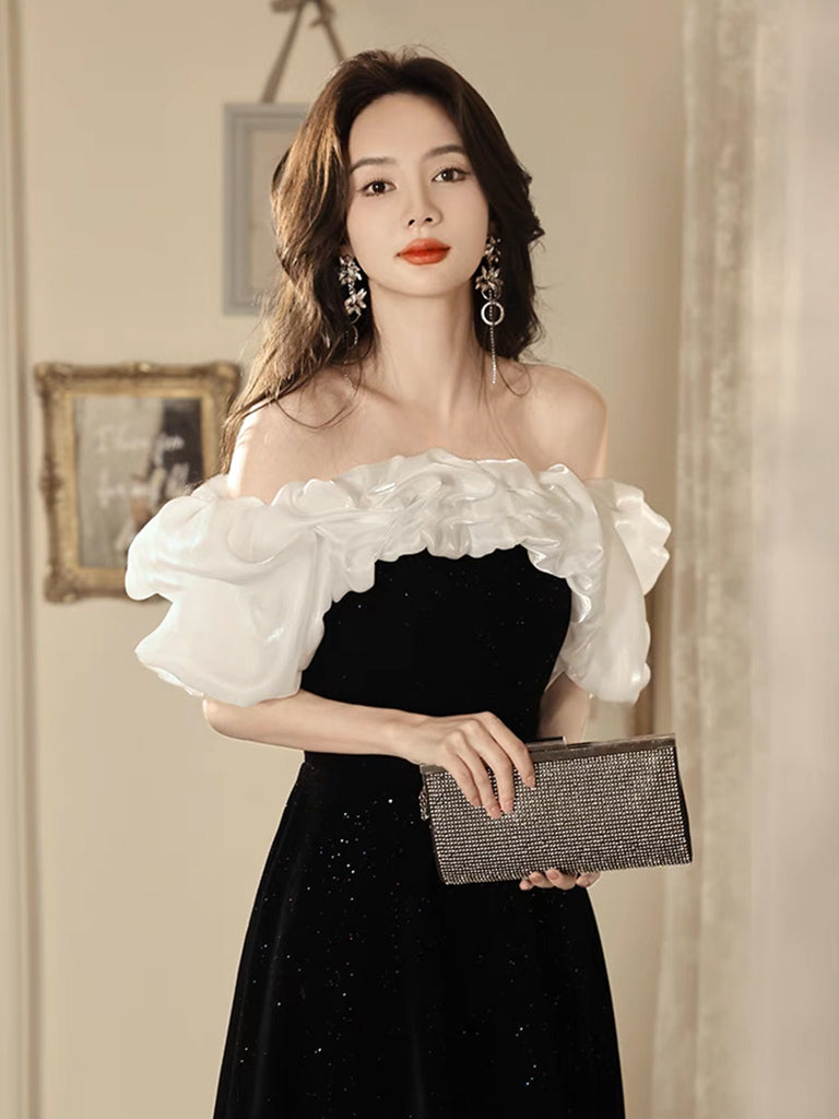 Black Off the Shoulder Velvet and Tulle Long Prom Dress, A-Line Black Evening Dress US 16 / Custom Color Black Off the Shoulder Velvet and Tulle Long Prom Dress, A-Line Black Evening Dress US 16 / Custom Color