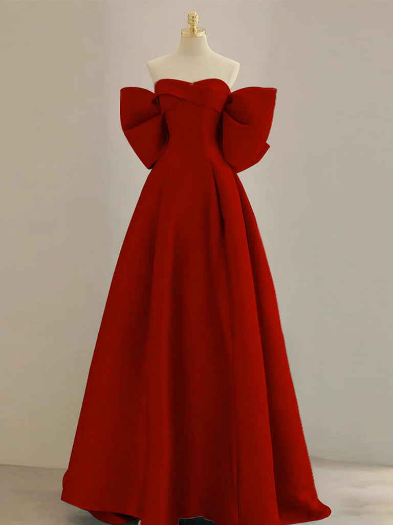 A-Line Sweetheart Neck Satin Burgundy Long Prom Dress with Bow US 12 / Custom Color A-Line Sweetheart Neck Satin Burgundy Long Prom Dress with Bow US 12 / Custom Color