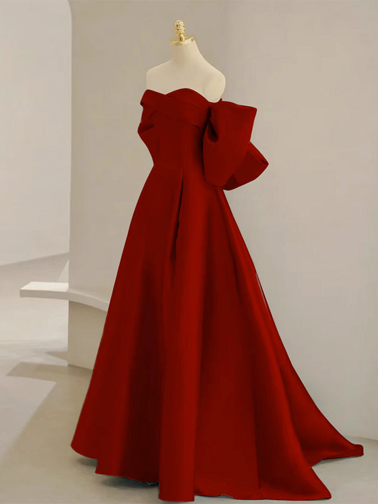 A-Line Sweetheart Neck Satin Burgundy Long Prom Dress with Bow – shopluu