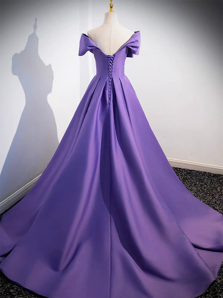 Purple Satin Long A-Line Prom Dress, Lovely Off Shoulder Formal Evening Dress US 16 / Purple Purple Satin Long A-Line Prom Dress, Lovely Off Shoulder Formal Evening Dress US 16 / Purple