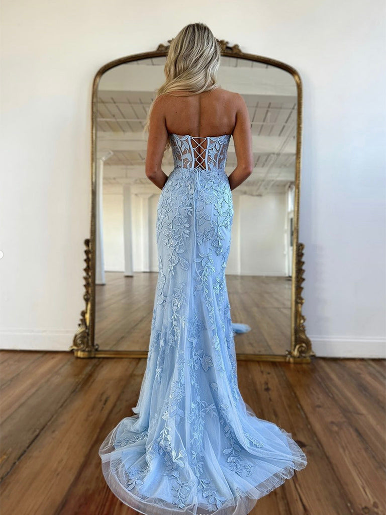 Blue Tulle Lace Mermaid Long Prom Dress, Sweetheart Neck Blue Graduati shopluu Blue Tulle Lace Mermaid Long Prom Dress, Sweetheart Neck Blue Graduati shopluu