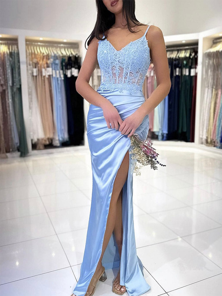 Blue V Neck Satin Lace Mermaid Long Prom Dress, Blue Long Formal Dress