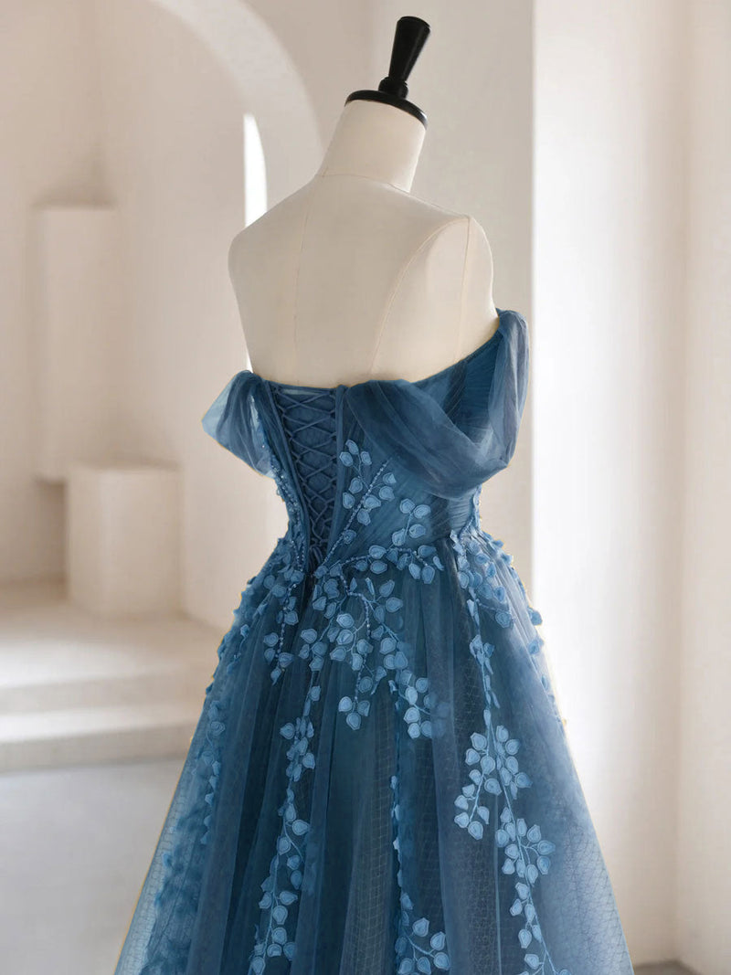 A-line Off Shoulder Gray Blue Tulle Long Prom Dress, Gray Blue Long Fo shopluu A-line Off Shoulder Gray Blue Tulle Long Prom Dress, Gray Blue Long Fo shopluu