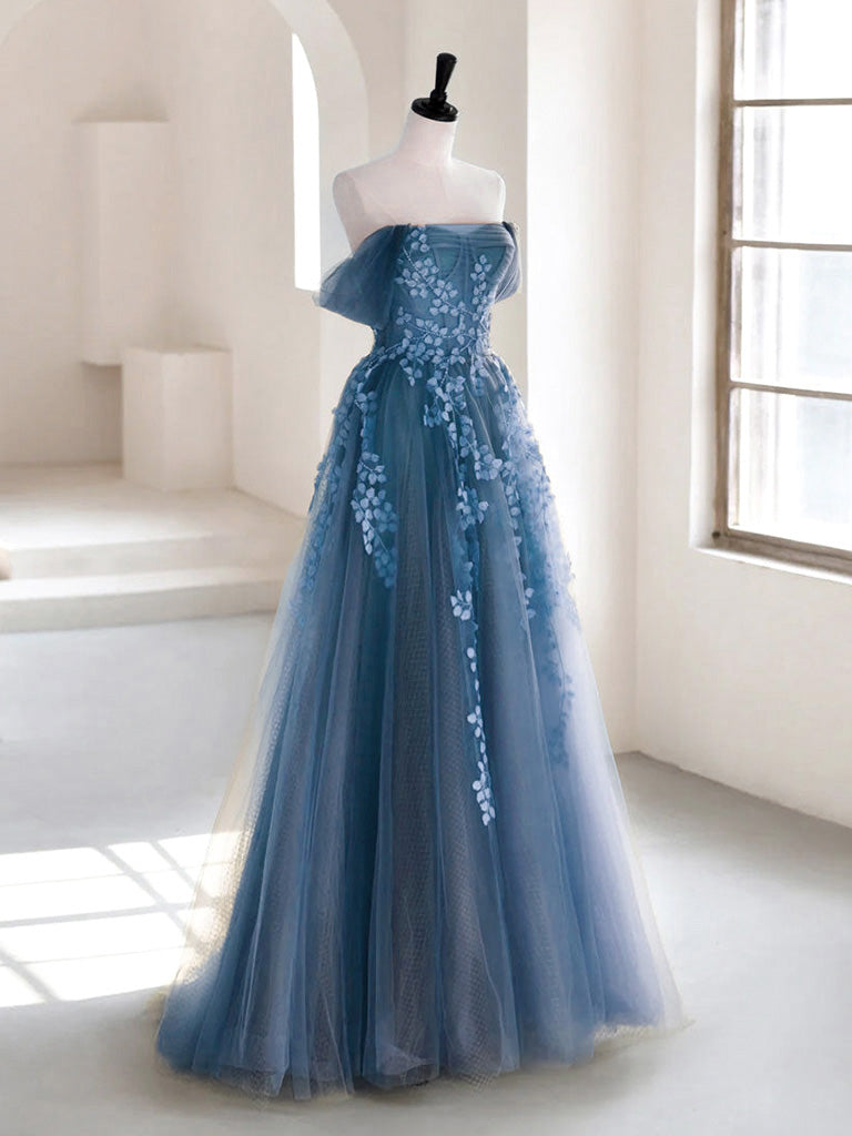 A-line Off Shoulder Gray Blue Tulle Long Prom Dress, Gray Blue Long Formal Dress US 2 / Gray Blue A-line Off Shoulder Gray Blue Tulle Long Prom Dress, Gray Blue Long Formal Dress US 2 / Gray Blue