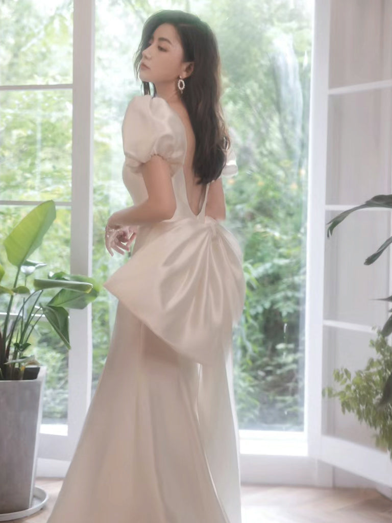 Simple Puff Sleeves Satin Mermaid White Long Prom Dress, White Long Evening Dress
