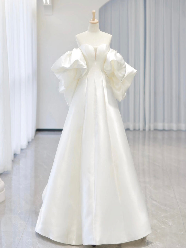 White Satin Long Prom Dress, Elegant A-Line Off the Shoulder Party Dress US 16 / White White Satin Long Prom Dress, Elegant A-Line Off the Shoulder Party Dress US 16 / White