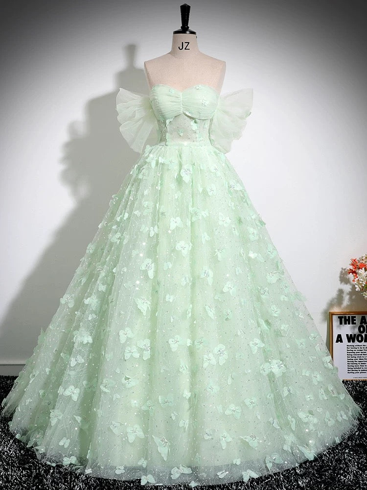 Green Sweetheart Neck Tulle Lace Long Prom Dress, Off Shoulder Green Sweet 16 Dress