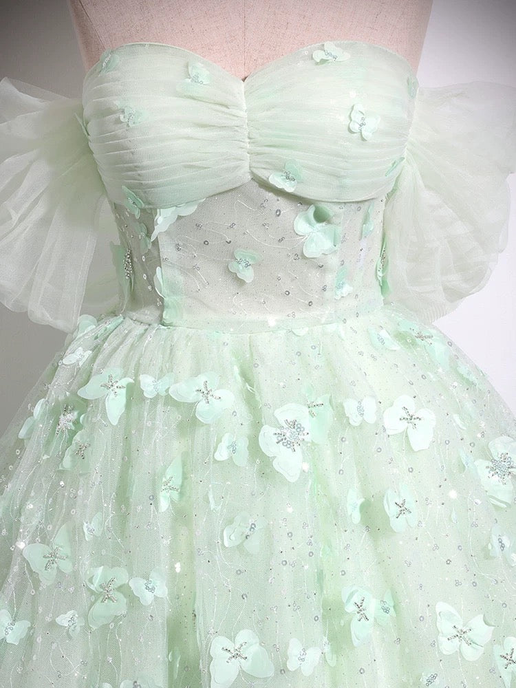Green Sweetheart Neck Tulle Lace Long Prom Dress, Off Shoulder Green Sweet 16 Dress