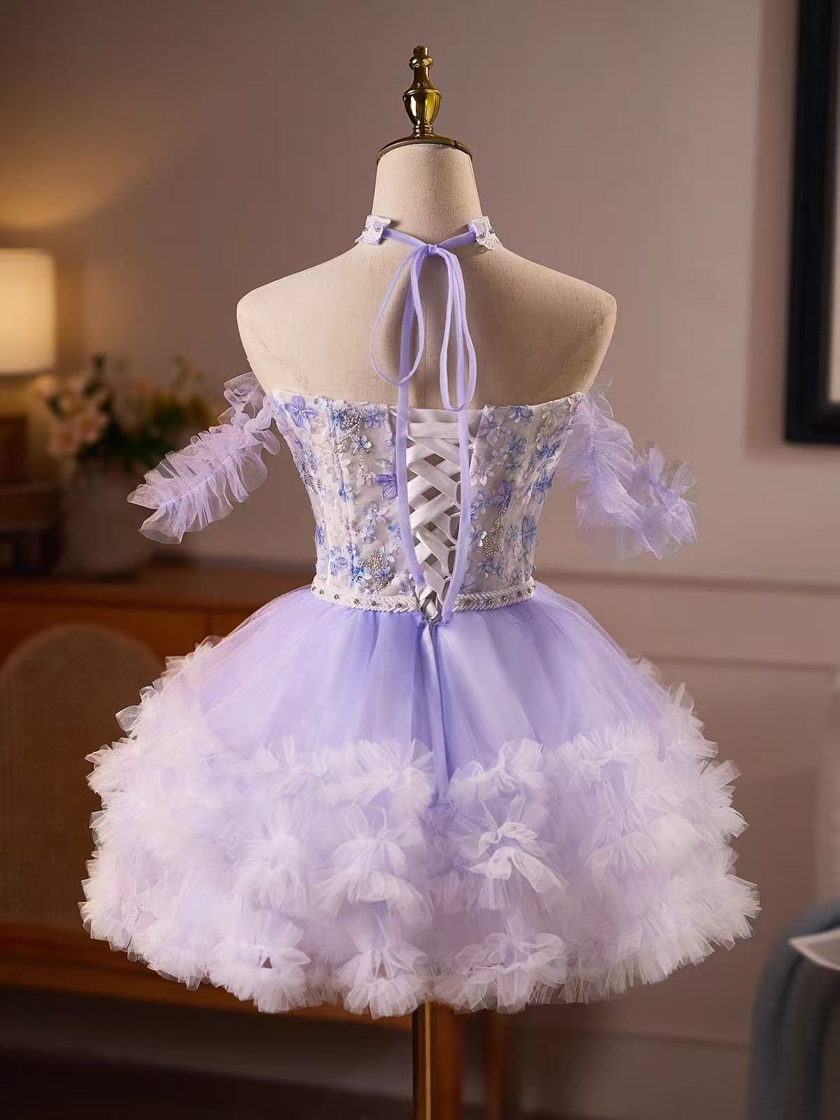 Purple Off Shoulder Tulle Lace Short Prom Dress, Purple Homecoming Dress