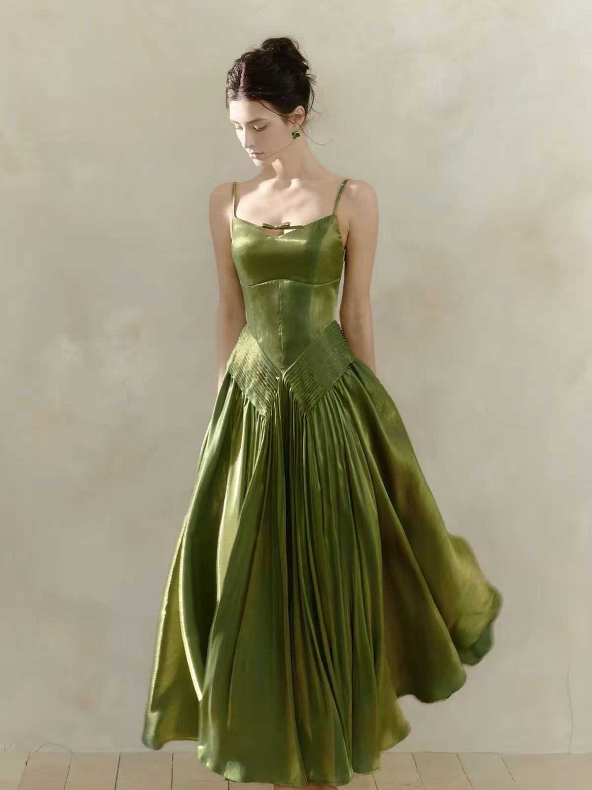 A-line V Neck Silk Tea Length Green Prom Dress, Green Formal Dress