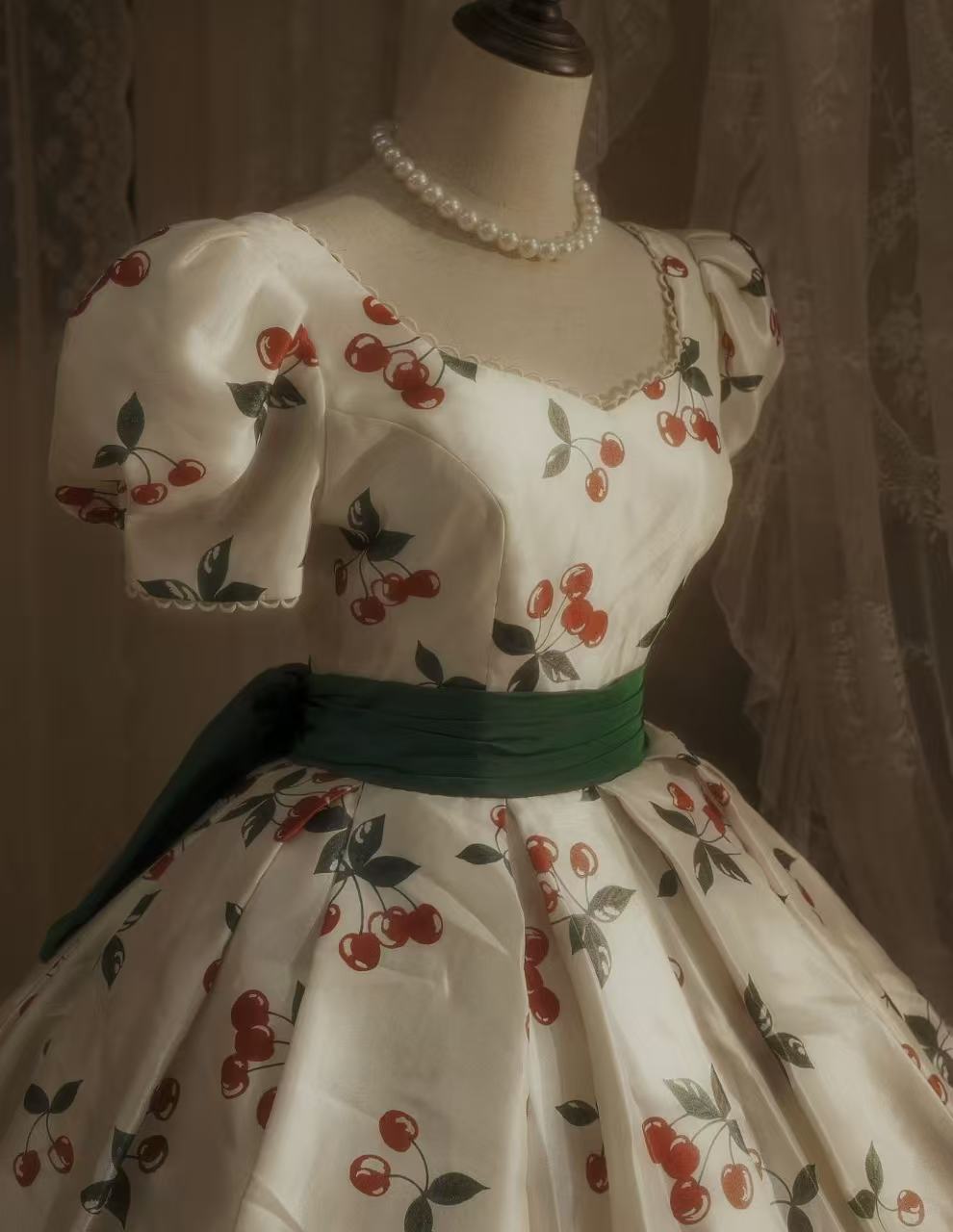 Ball Gown A-line Satin Retro White Long Prom Dress with Green Belt