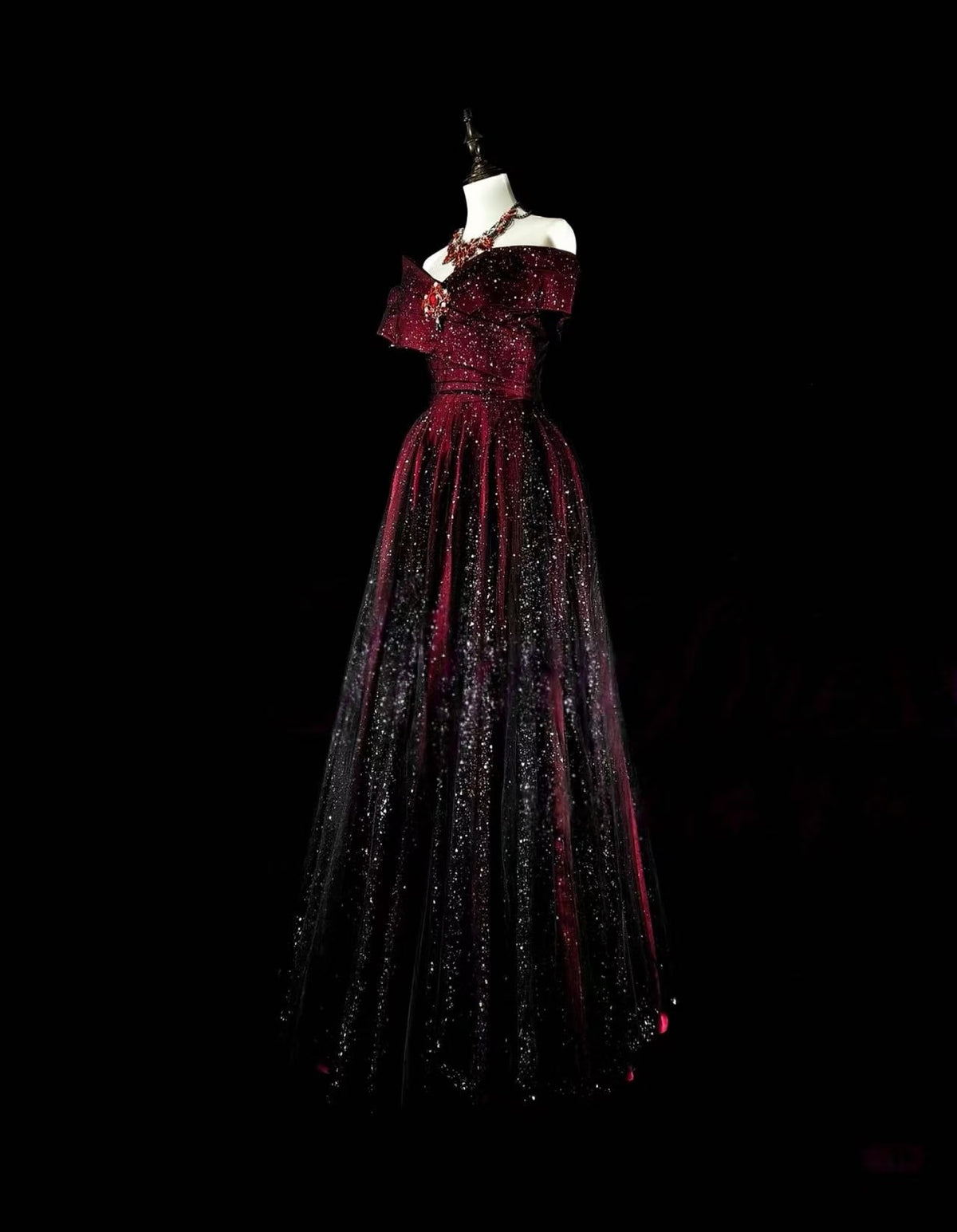 A-line Off Shoulder Tulle Sequin Burgundy/Black Long Prom Dress