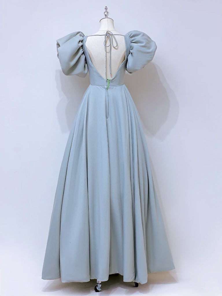 A-Line Puff sleeves Long Blue Prom Dress, Square Neckline Blue Long Fo – shopluu
