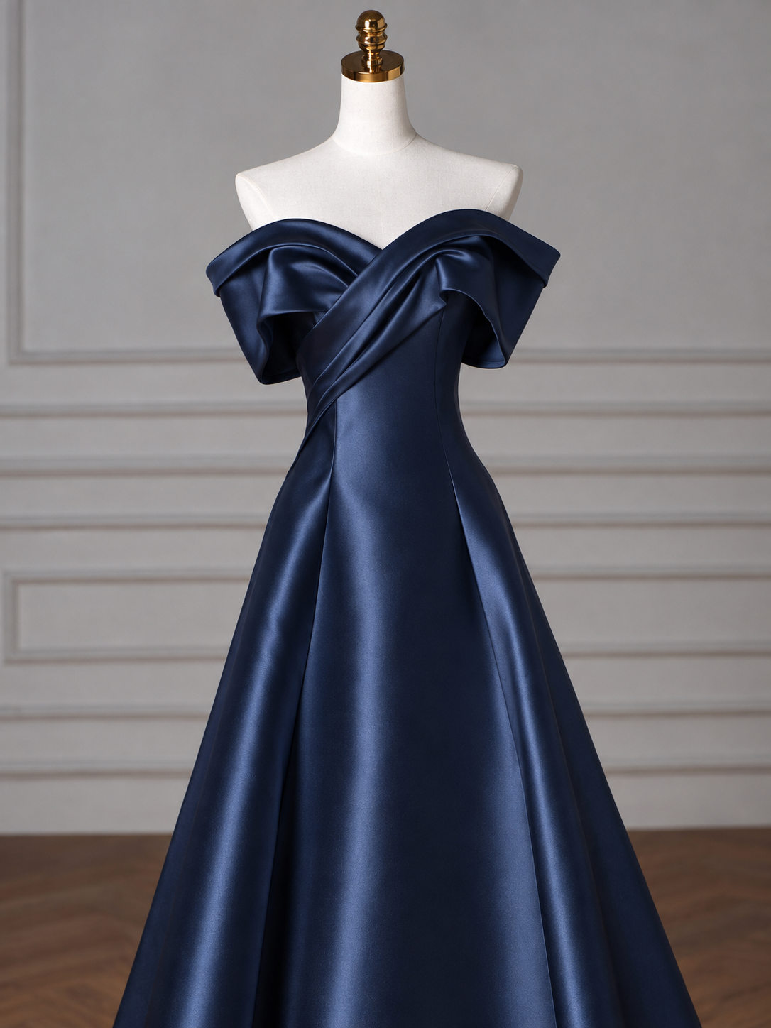 A-line Off Shoulder Satin Dark Blue Long Prom Dress