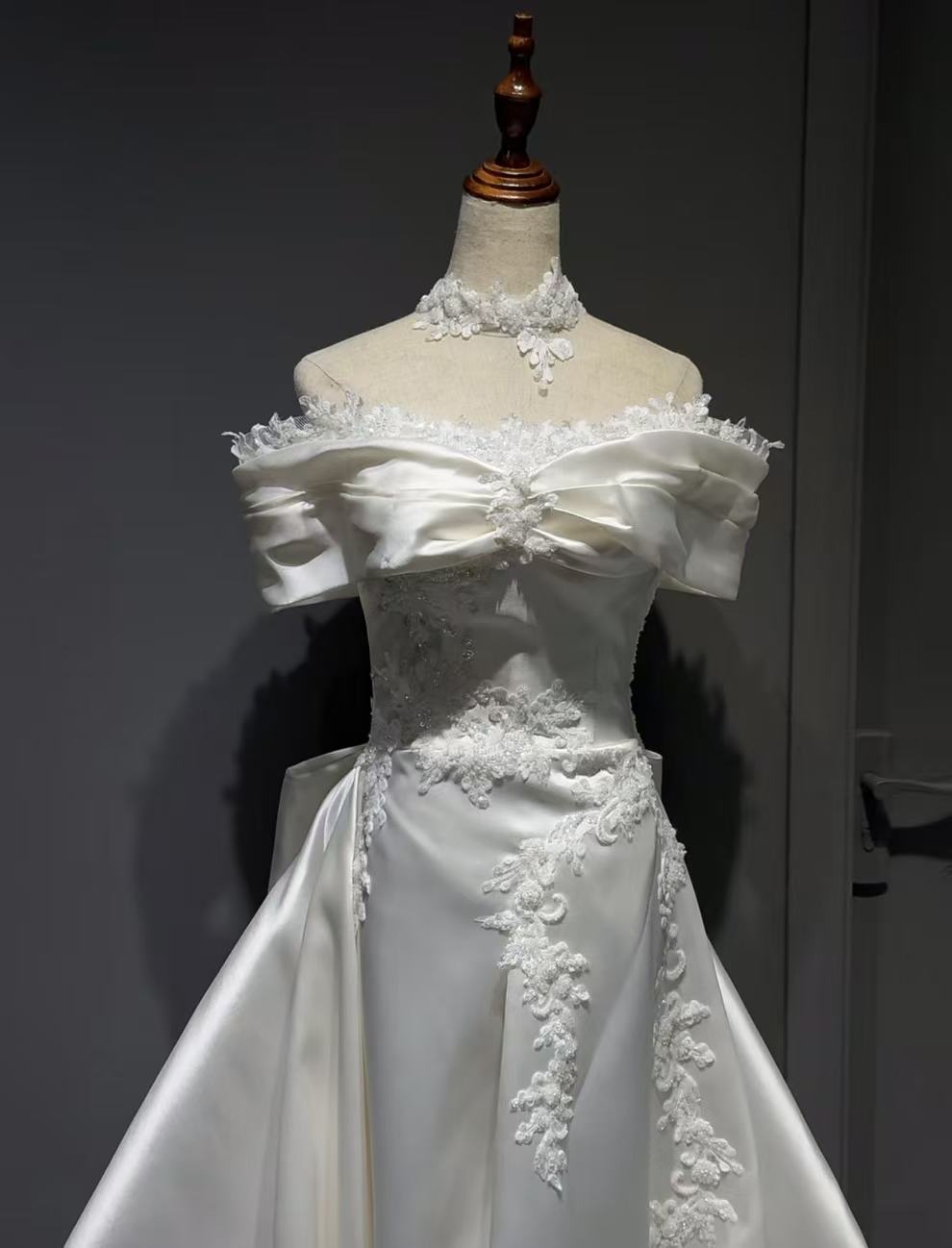 A-line Off Shoulder Satin Lace White Long Prom Dress, White Formal Dress