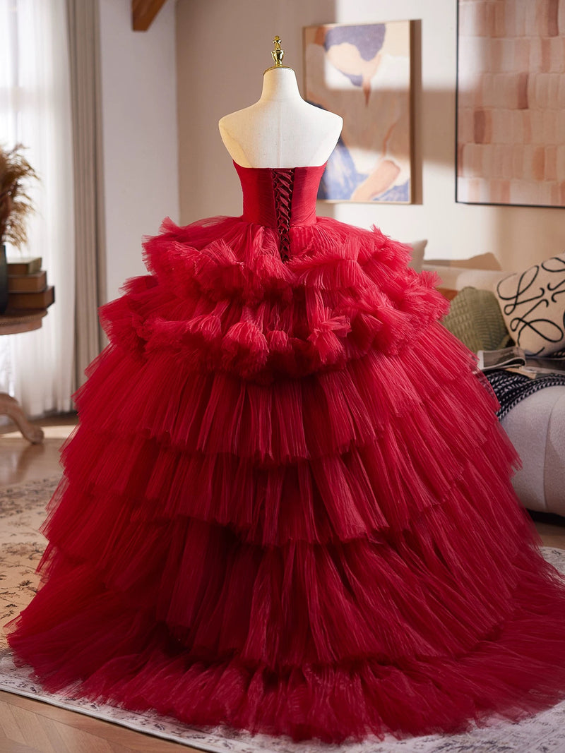 Burgundy Tulle Sweetheart Neck Long Prom Dress, Burgundy Long Evening – shopluu