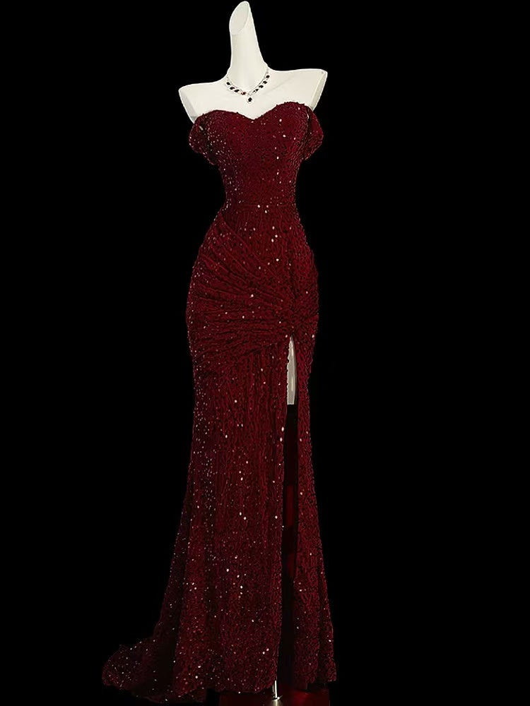 Mermaid Sweetheart Off Shoulder Velvet Sequin Burgundy Long Prom Dress