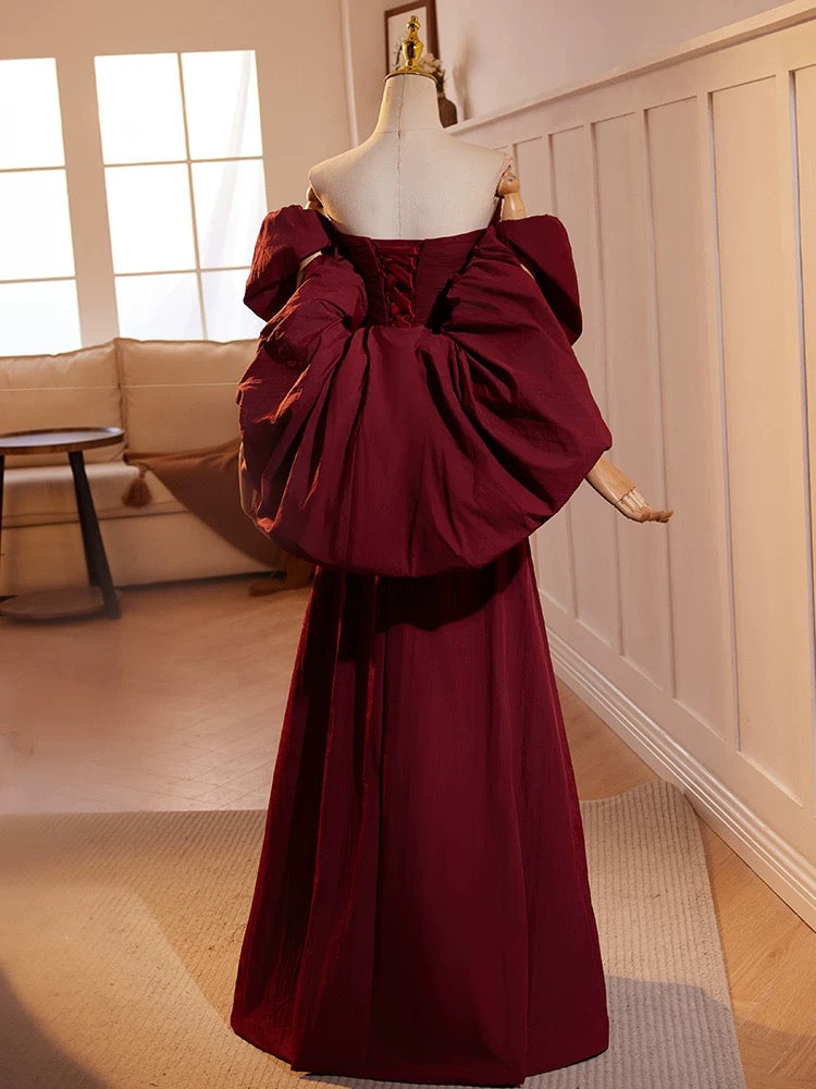 A-Line Off-the-shoulder Taffeta Burgundy Long Prom Dress with Puff Sleeves