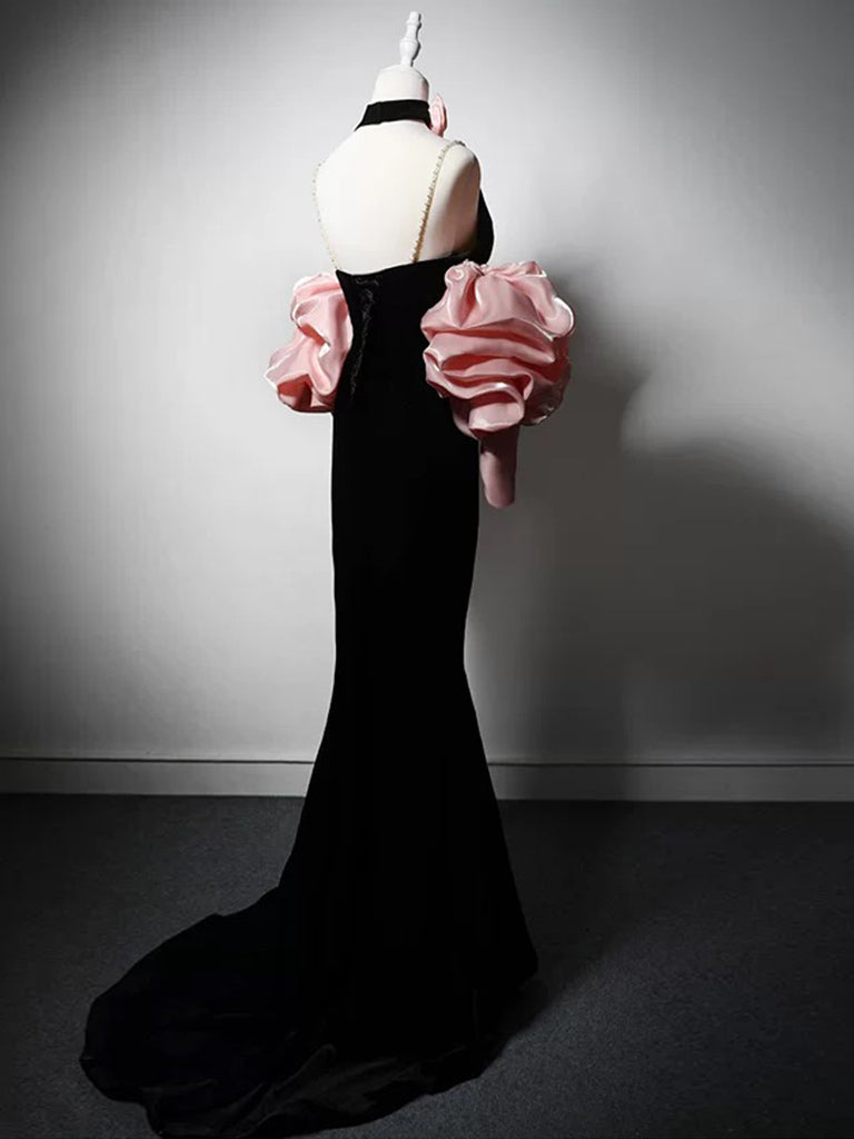 velvet black party dress Black Velvet Party Dress With Lace Sleeves