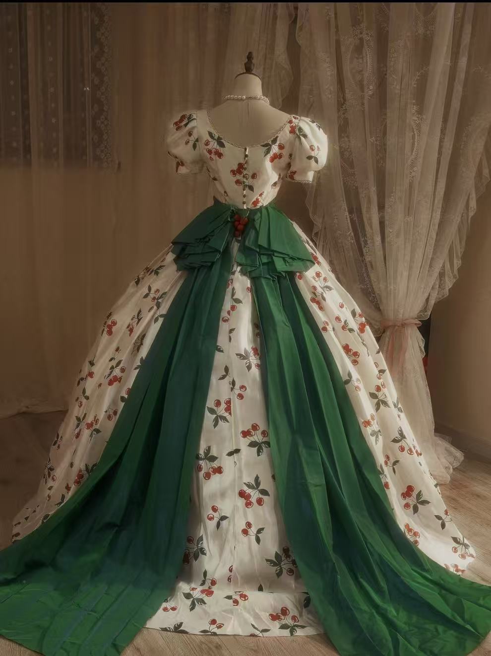 Ball Gown A-line Satin Retro White Long Prom Dress with Green Belt