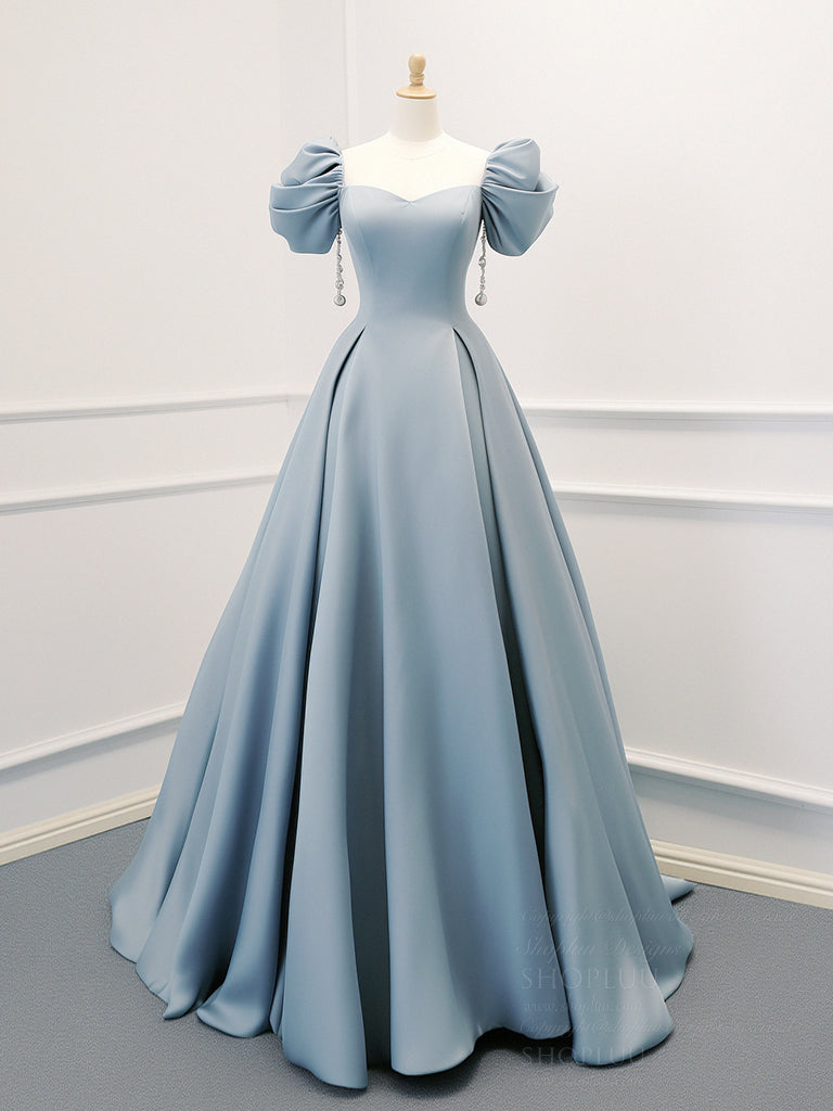 Blue Puff Sleeve Satin Floor Length Prom Dress, Blue A-Line Evening Party Dress US 16 / Custom Color Blue Puff Sleeve Satin Floor Length Prom Dress, Blue A-Line Evening Party Dress US 16 / Custom Color