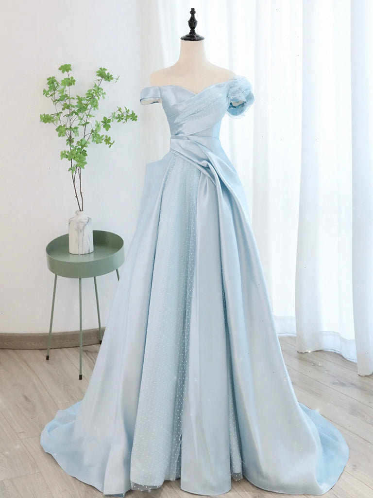 A-Line Off Shoulder Satin Tulle Blue Long Prom Dress, Blue Long Formal Dress A-Line Off Shoulder Satin Tulle Blue Long Prom Dress, Blue Long Formal Dress