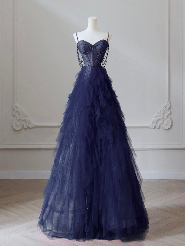 A-Line Sweetheart Neck Tulle Dark Blue Long Prom Dress, Dark Blue Long Graduation Dress with Beads US 16 / Custom Color A-Line Sweetheart Neck Tulle Dark Blue Long Prom Dress, Dark Blue Long Graduation Dress with Beads US 16 / Custom Color