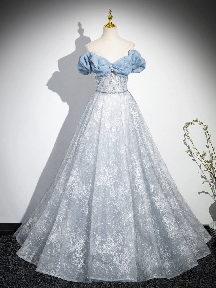 Blue Tulle Sequins Long Prom Dress with Lace, Beautiful Off the Shoulder Evening Party Dress US 10 / Blue Blue Tulle Sequins Long Prom Dress with Lace, Beautiful Off the Shoulder Evening Party Dress US 10 / Blue