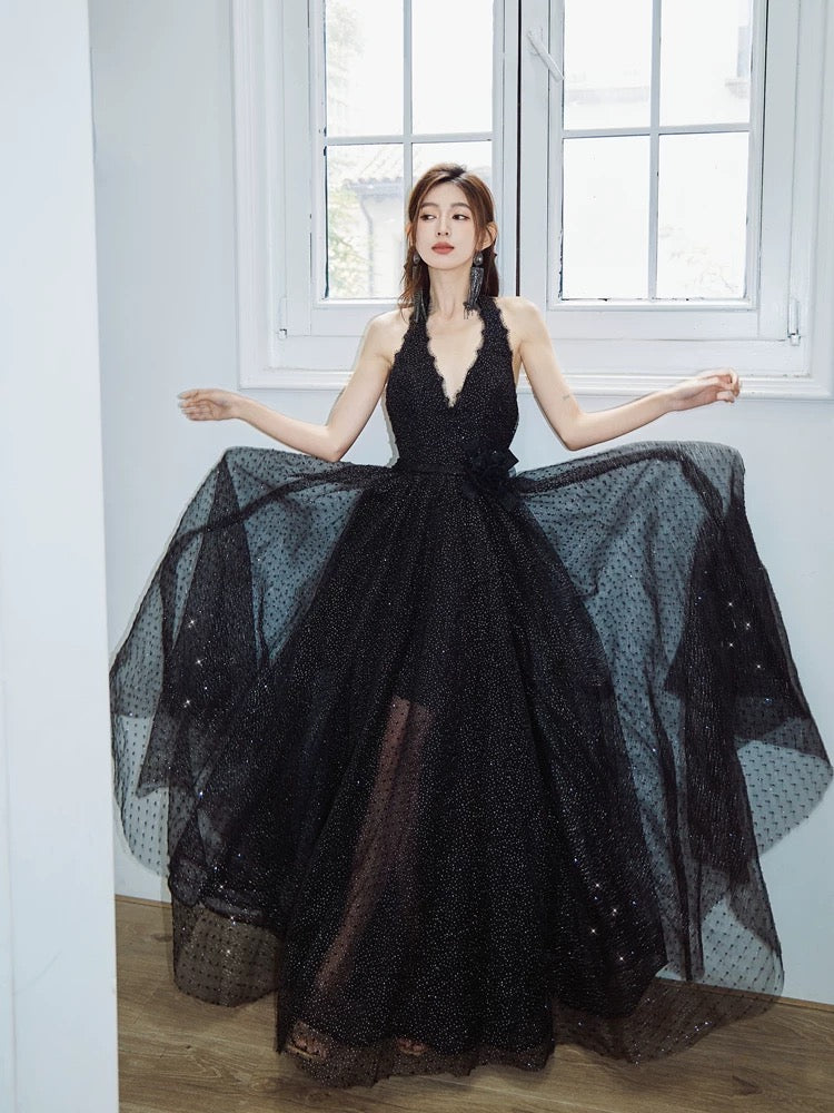 A-Line V Neck Tulle Floor Length Black Prom Dress, Black Party Dress