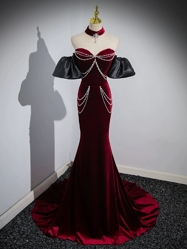 Mermaid Velvet Long Prom Dress, Burgundy Sweetheart Neck Evening Party Dress US 16 / Custom Color Mermaid Velvet Long Prom Dress, Burgundy Sweetheart Neck Evening Party Dress US 16 / Custom Color