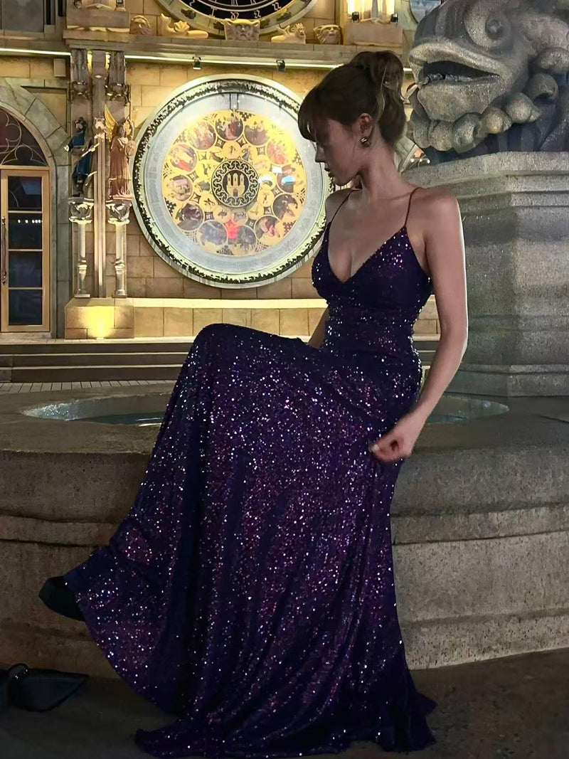 gold and purple prom dress Simple Mermaid V Neck Long Dress, Purple Evening – shopluu collection_sale