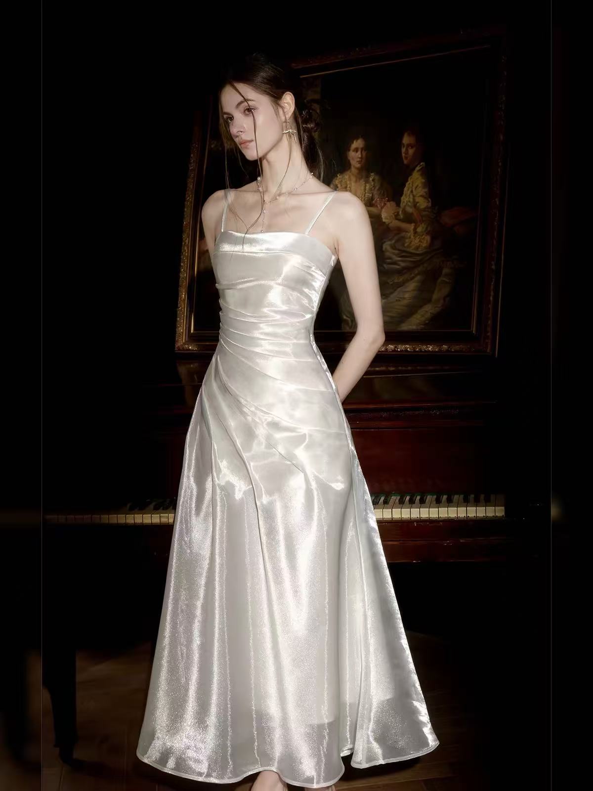 White Cowl Neck Spaghetti Strap Ruched Tea Lengt A-Line Prom Dress