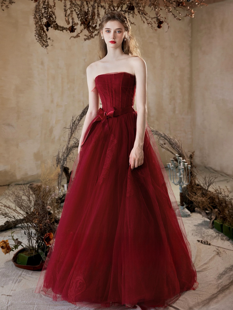 Burgundy Tulle Lace Long Prom Dress, A-Line Strapless Evening Party Dress US 12 / Burgundy Burgundy Tulle Lace Long Prom Dress, A-Line Strapless Evening Party Dress US 12 / Burgundy
