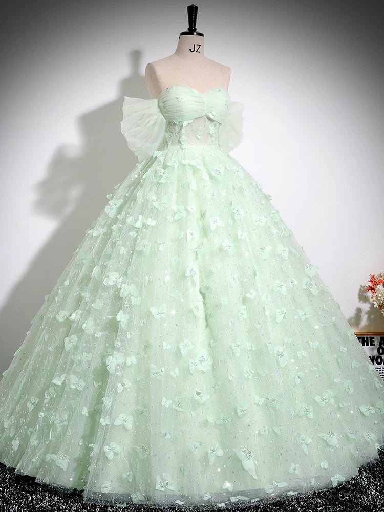 Green Sweetheart Neck Tulle Lace Long Prom Dress, Off Shoulder Green Sweet 16 Dress