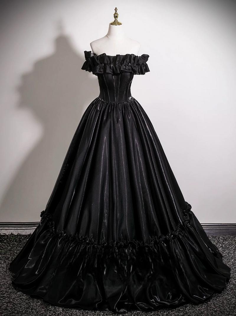 A-Line Off Shoulder Satin Black Long Prom Dress, Black Long Formal Dress US 16 / Black A-Line Off Shoulder Satin Black Long Prom Dress, Black Long Formal Dress US 16 / Black
