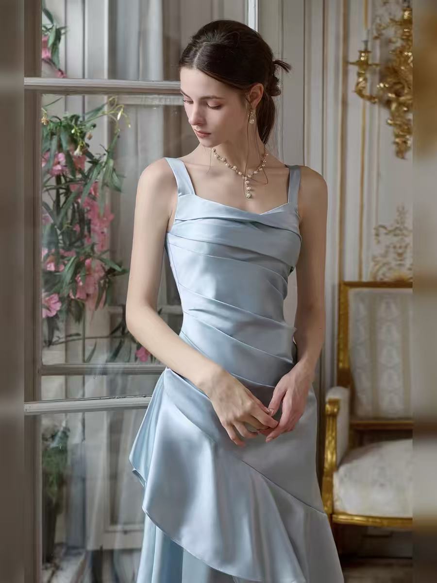 Elegant A-line Satin Tea Length Blue Prom Dress, Blue Formal Dress