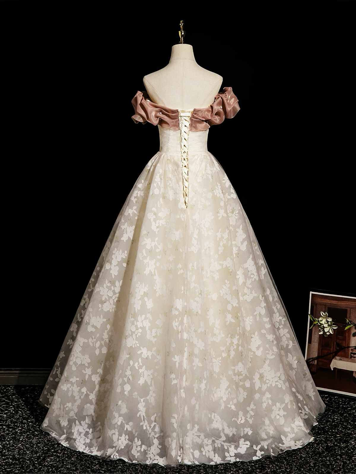 A-Line Off Shoulder Tulle Lace Champagne Long Prom Dress