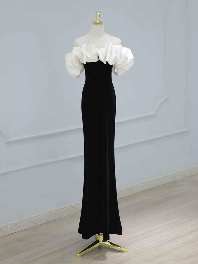 Mermaid Off Shoulder Velvet Satin Black Long Prom Dress,Black Long Party Dress
