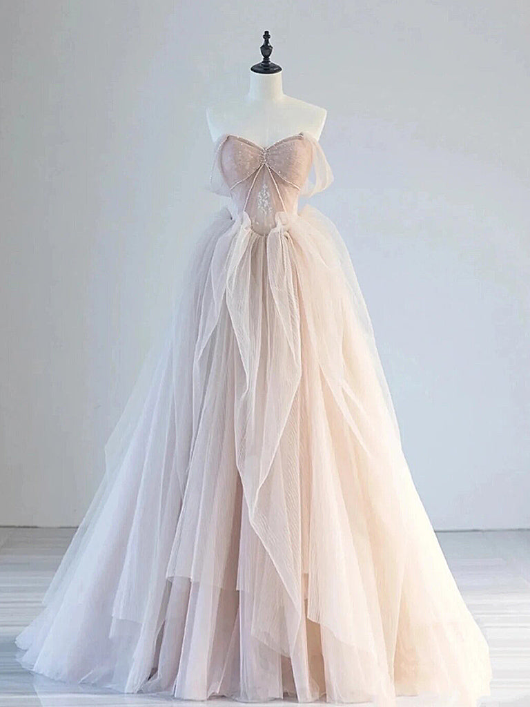 A-Line Off Shoulder Tulle Lace Champagne Pink Long Prom Dress, Lace Long Formal Dress US 10 / Champagne Pink A-Line Off Shoulder Tulle Lace Champagne Pink Long Prom Dress, Lace Long Formal Dress US 10 / Champagne Pink