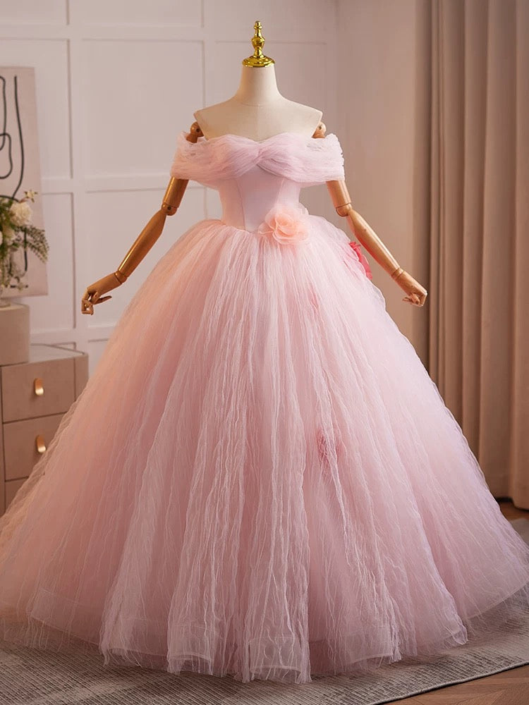 A-Line Off Shoulder Tulle Pink Long Prom Dress, Pink Tulle Long Sweet 16 Dress US 6 / Custom Color A-Line Off Shoulder Tulle Pink Long Prom Dress, Pink Tulle Long Sweet 16 Dress US 6 / Custom Color