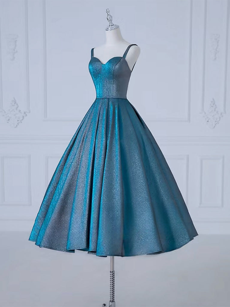 A-Line Sweetheart Neck Satin Tea Length Blue Prom Dress, Blue Formal Dress US 8 / Blue A-Line Sweetheart Neck Satin Tea Length Blue Prom Dress, Blue Formal Dress US 8 / Blue