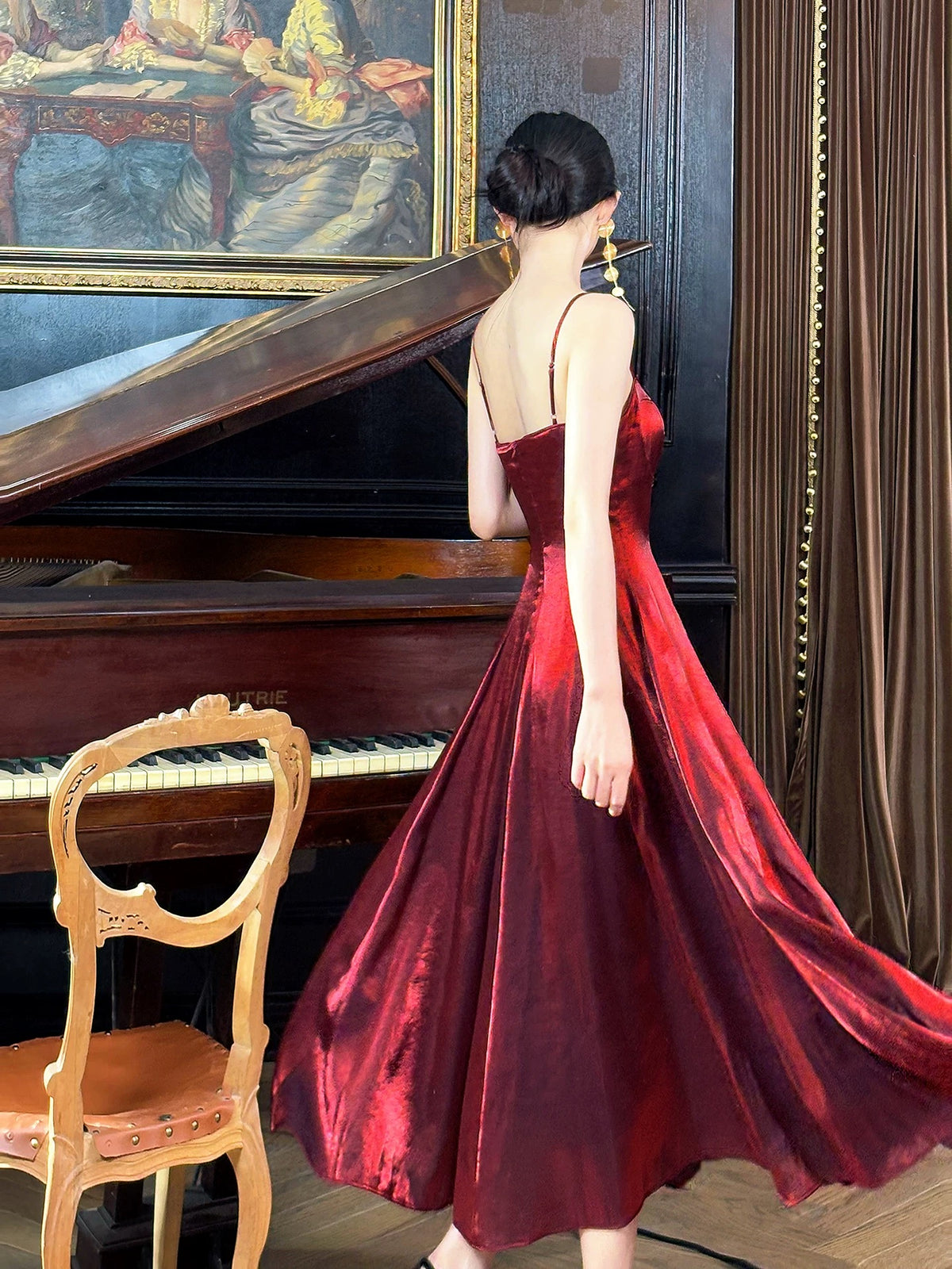 A-Line Sweetheart Neck Tea-Length Burgundy Prom Dress, Burgundy Formal Dress