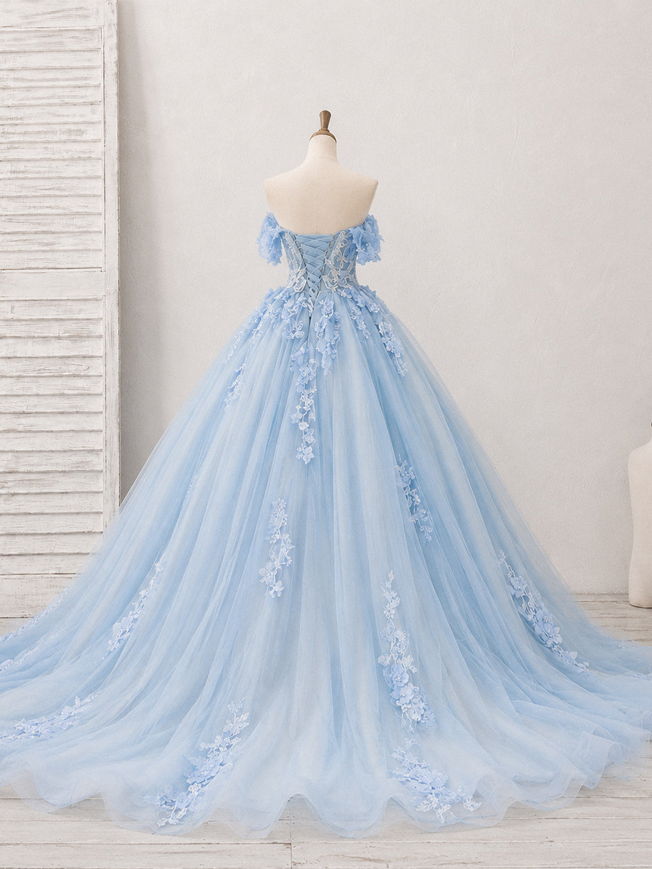 A-line Sweetheart Off Shoulder Tulle Long Blue Prom Dress with Lace Applique