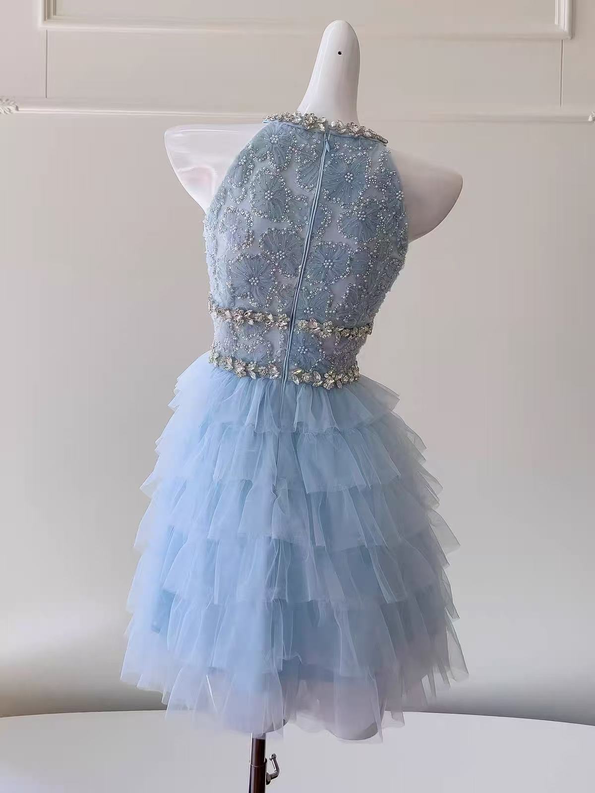 Light Blue Beaded Prom Dress with Tiered Tulle Prom Dress