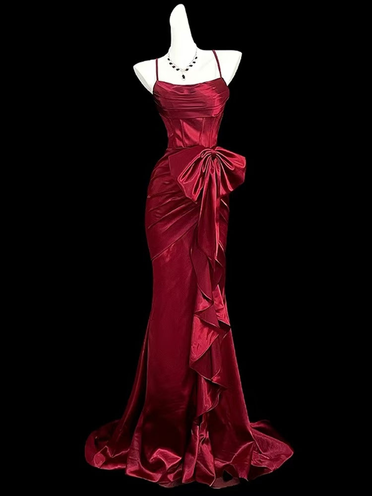 Mermaid Spoon Neck Satin Burgundy Long Prom Dress with Bow
