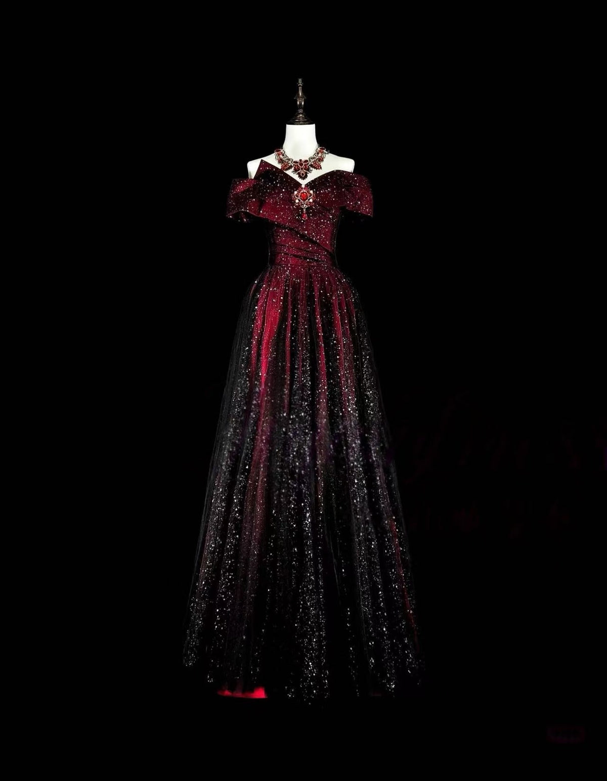 A-line Off Shoulder Tulle Sequin Burgundy/Black Long Prom Dress