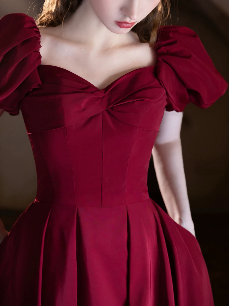 Burgundy Satin Formal Evening Gown with Puff Sleeve, A-Line Long Prom Dress US 2 / Burgundy Burgundy Satin Formal Evening Gown with Puff Sleeve, A-Line Long Prom Dress US 2 / Burgundy
