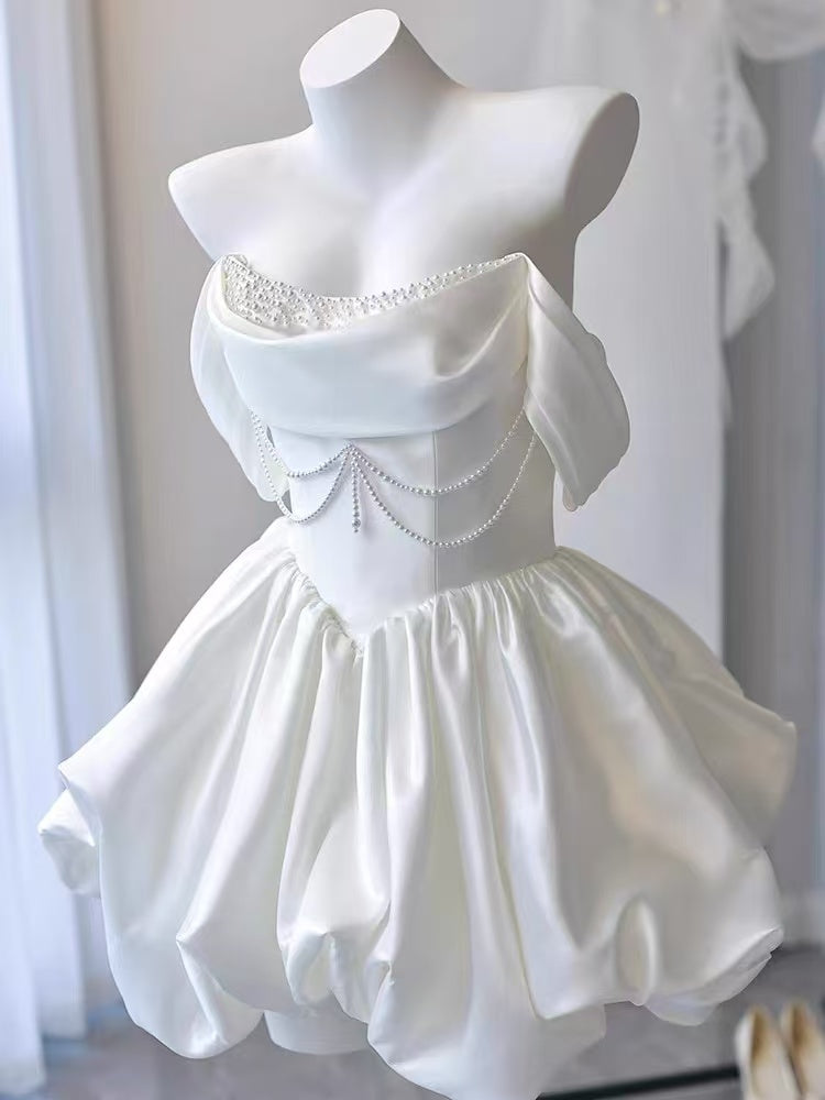 White Off Shoulder Satin Short Prom Dress, White Homecoming Dress